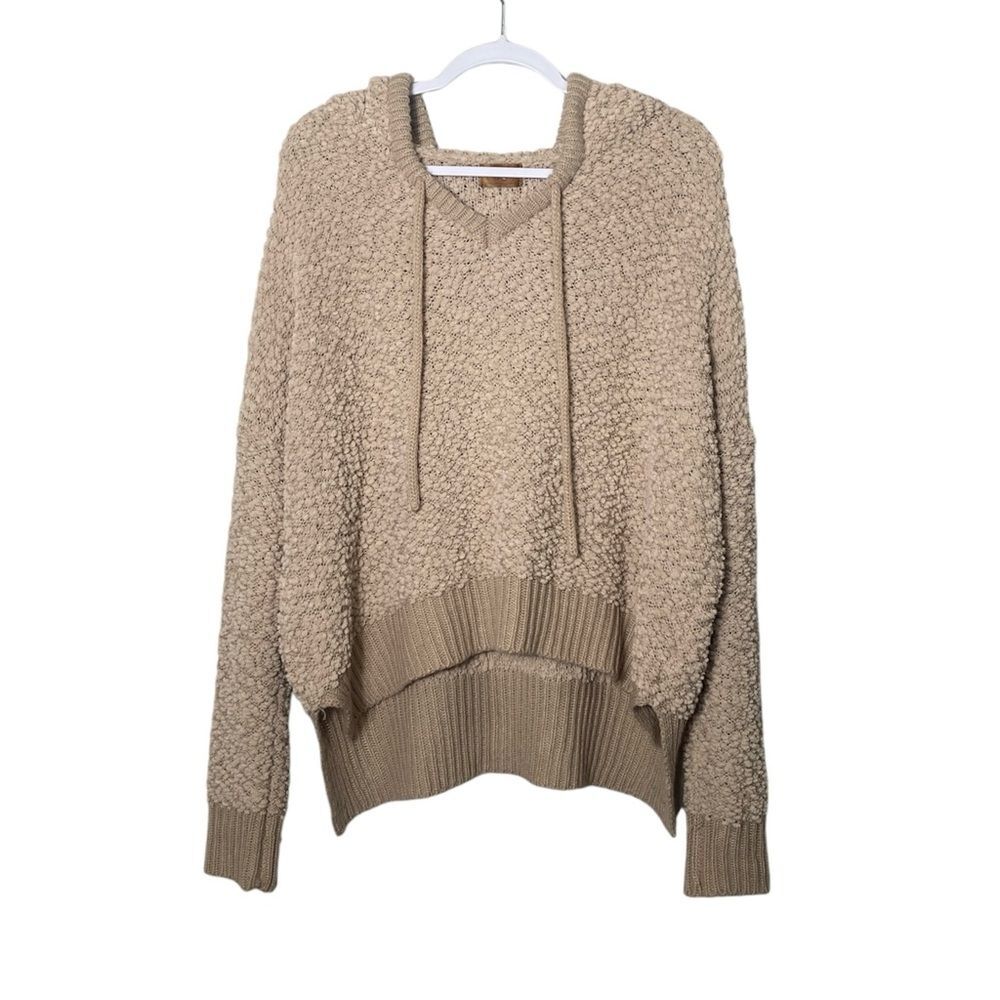 POL Sweatshirt Brown Hoodie Nubby Knit Pullover V Neck Sherpa Women's Size LG